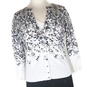 WHBM Cardigan Sweater Floral Sparkle Silver Snaps